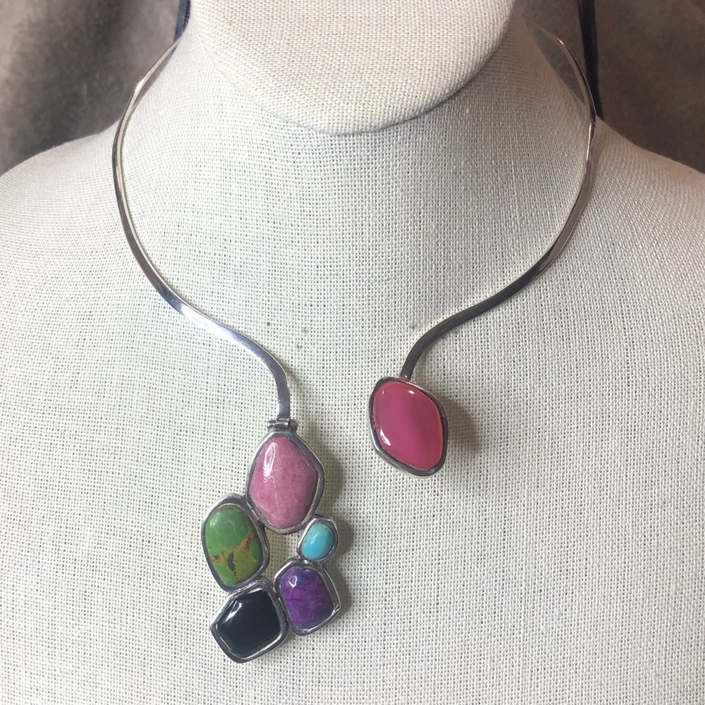 BARSE Sterling Silver Multicolor Gemstone Open Collar Necklace